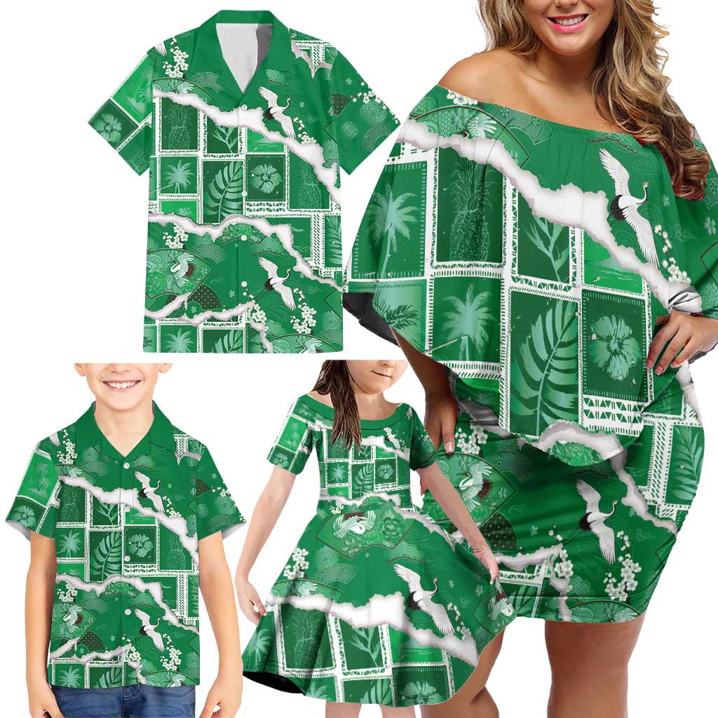 Hawaii Japanese Culture Green Family Matching Off Shoulder Short Dress and Hawaiian Shirt Spring Cranes Aloha Pattern LT01 - Polynesian Pride