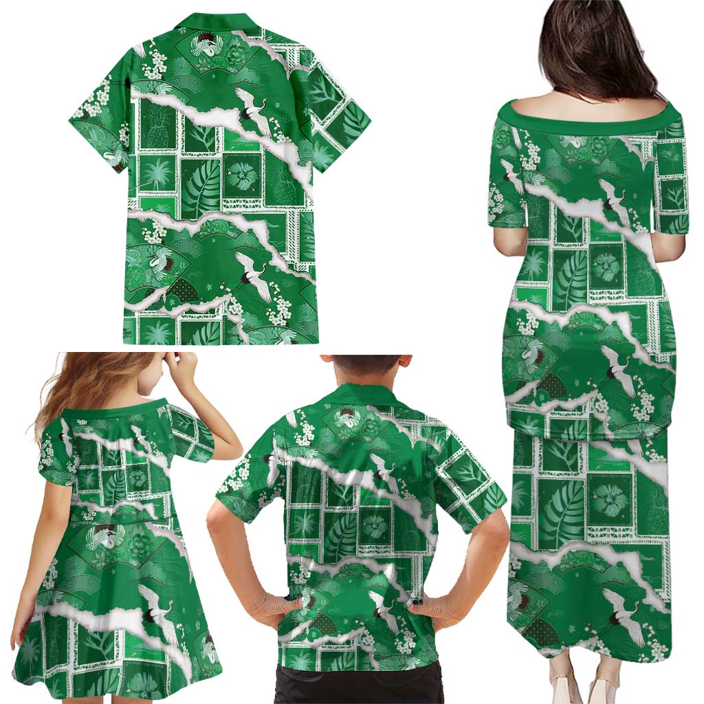 Hawaii Japanese Culture Green Family Matching Puletasi and Hawaiian Shirt Spring Cranes Aloha Pattern