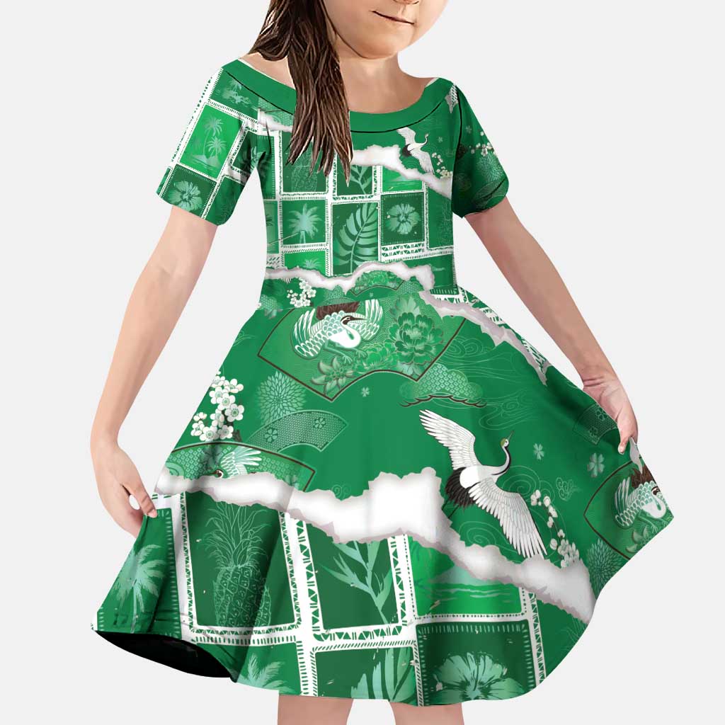 Hawaii Japanese Culture Green Family Matching Short Sleeve Bodycon Dress and Hawaiian Shirt Spring Cranes Aloha Pattern LT01 Daughter's Dress Green - Polynesian Pride