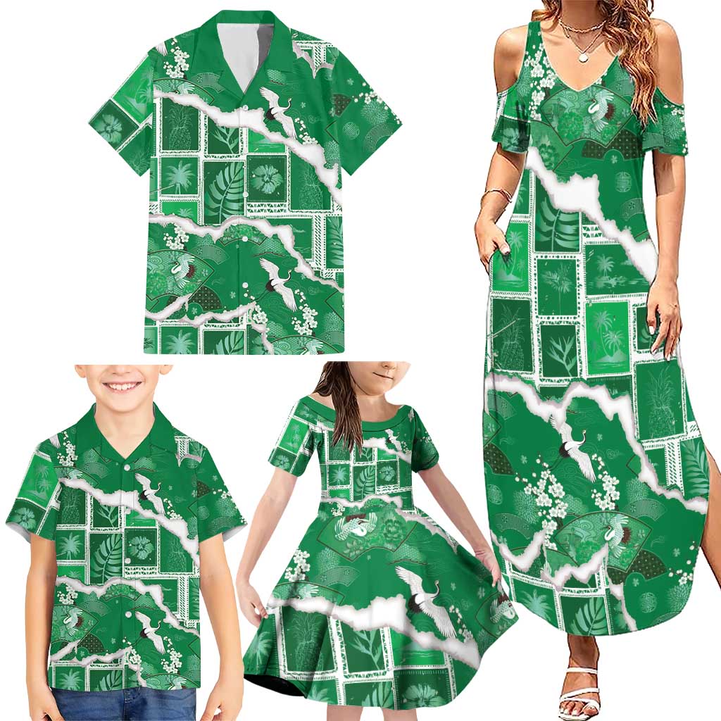 Hawaii Japanese Culture Green Family Matching Summer Maxi Dress and Hawaiian Shirt Spring Cranes Aloha Pattern LT01 - Polynesian Pride
