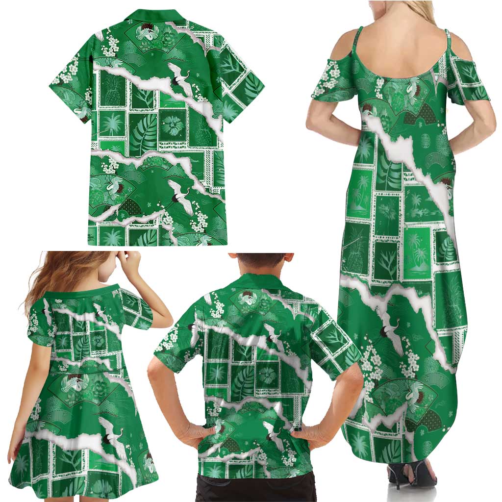 Hawaii Japanese Culture Green Family Matching Summer Maxi Dress and Hawaiian Shirt Spring Cranes Aloha Pattern LT01 - Polynesian Pride