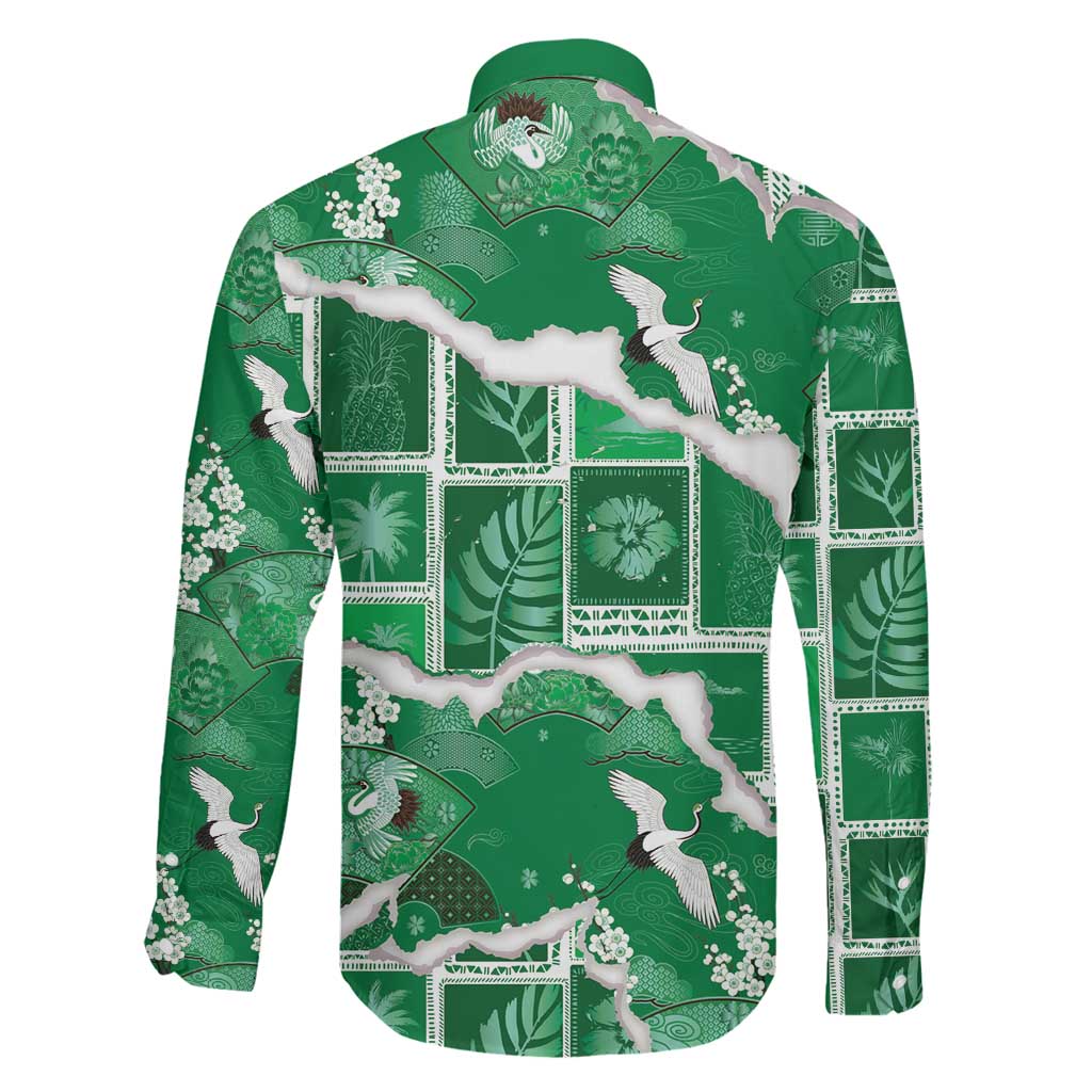 Hawaii Japanese Culture Green Family Matching Summer Maxi Dress and Hawaiian Shirt Spring Cranes Aloha Pattern LT01 - Polynesian Pride