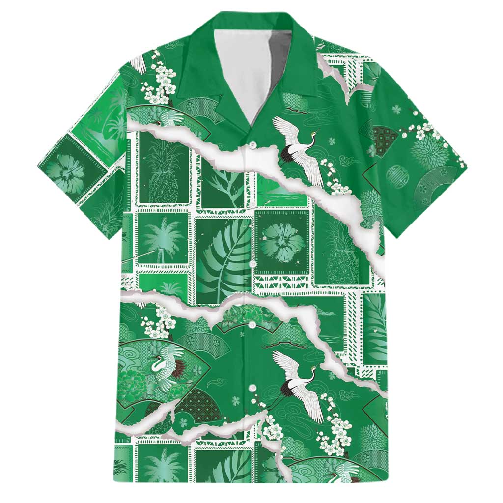 Hawaii Japanese Culture Green Family Matching Tank Maxi Dress and Hawaiian Shirt Spring Cranes Aloha Pattern LT01 Dad's Shirt - Short Sleeve Green - Polynesian Pride