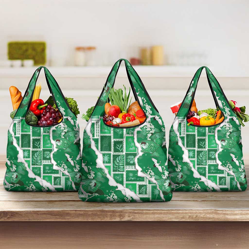 Hawaii Japanese Culture Green Grocery Bag Spring Cranes Aloha Pattern