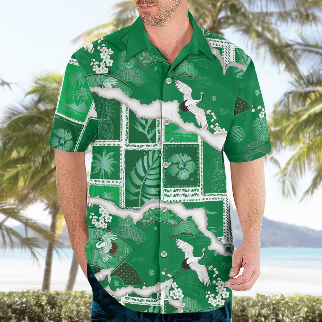Hawaii Japanese Culture Green Hawaiian Shirt Spring Cranes Aloha Pattern