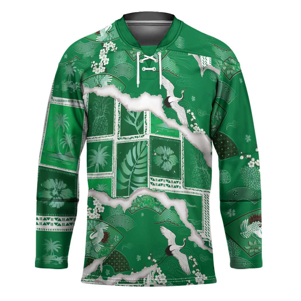 Hawaii Japanese Culture Green Hockey Jersey Spring Cranes Aloha Pattern