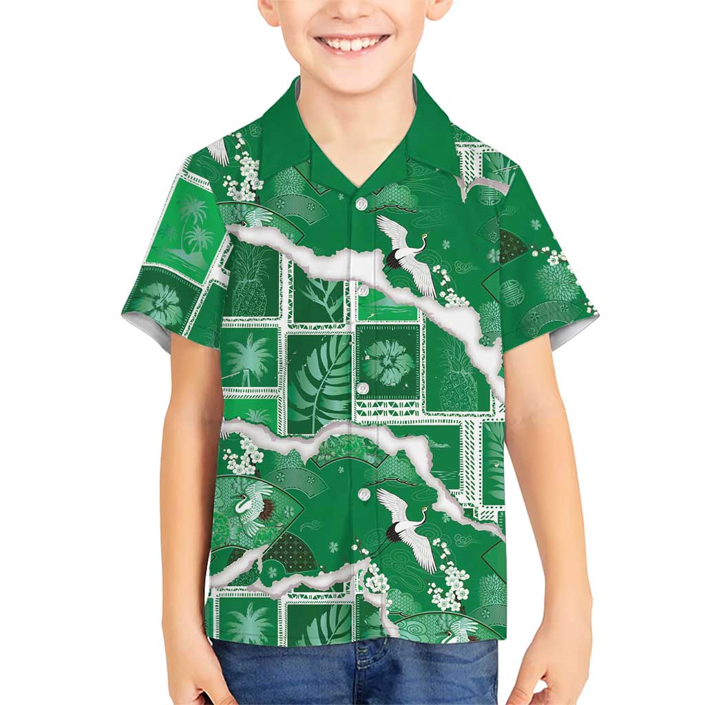 Hawaii Japanese Culture Green Kid Hawaiian Shirt Spring Cranes Aloha Pattern