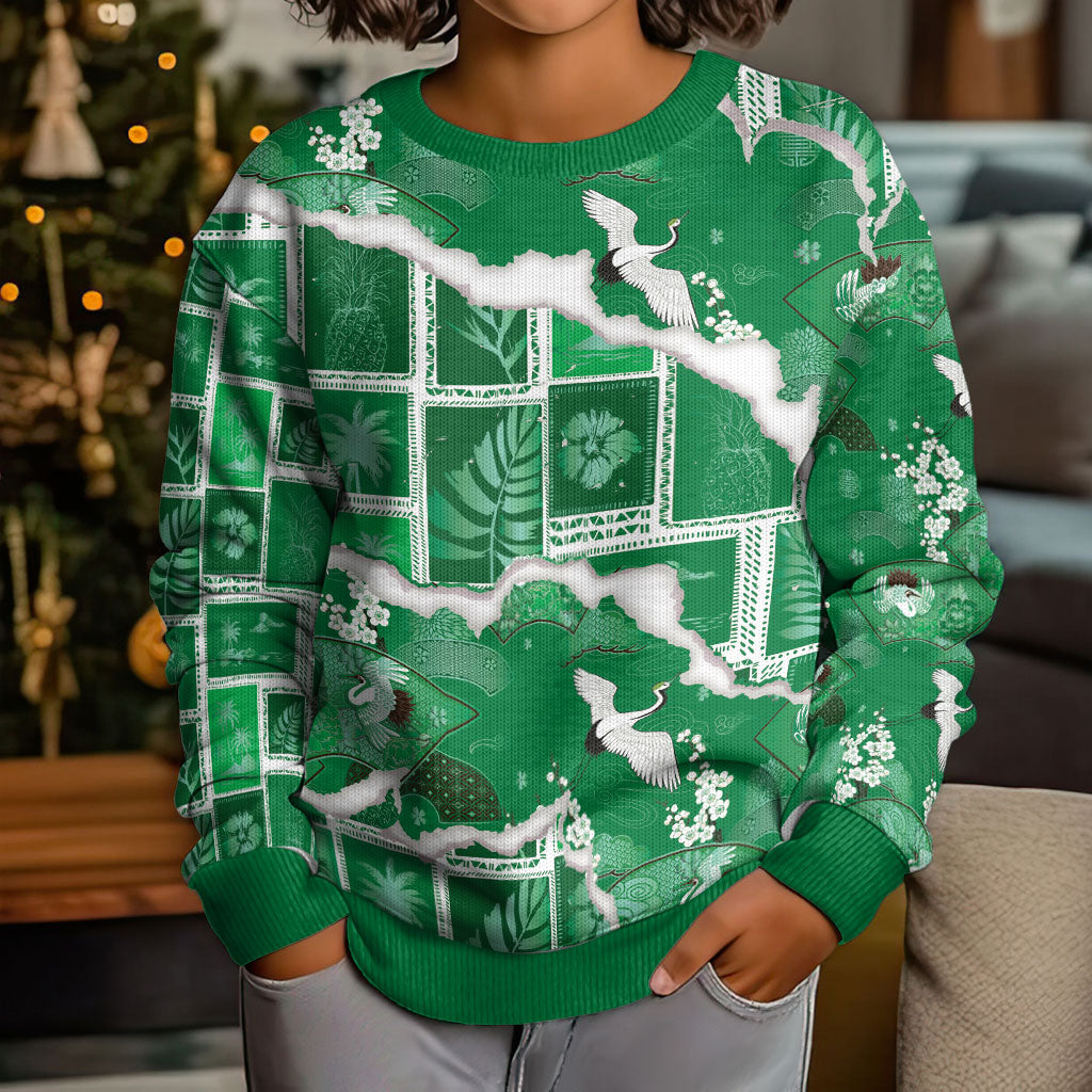 Hawaii Japanese Culture Green Kid Ugly Christmas Sweater Spring Cranes Aloha Pattern LT01 - Polynesian Pride