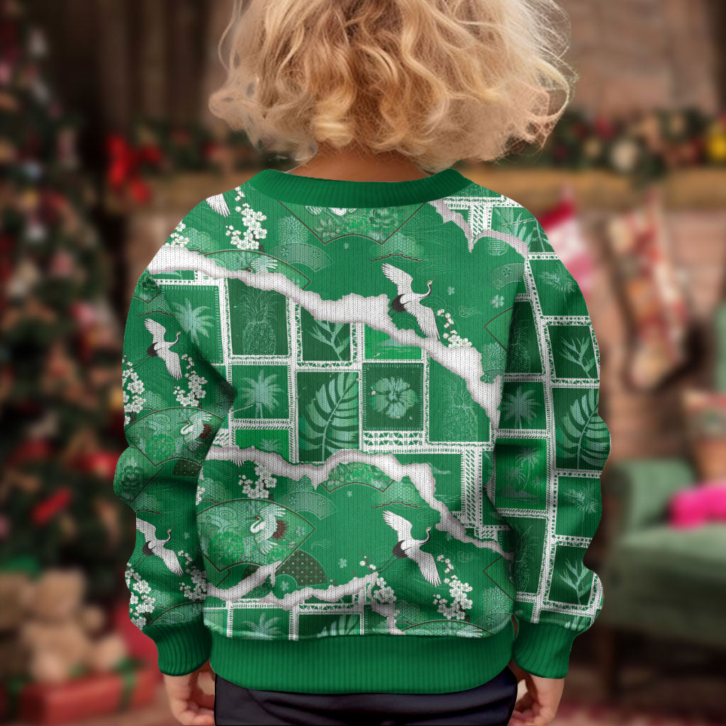 Hawaii Japanese Culture Green Kid Ugly Christmas Sweater Spring Cranes Aloha Pattern LT01 - Polynesian Pride
