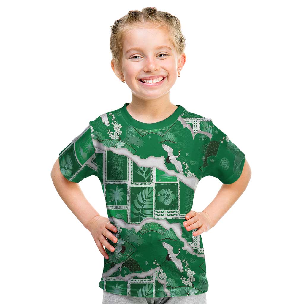 Hawaii Japanese Culture Green Kid T Shirt Spring Cranes Aloha Pattern