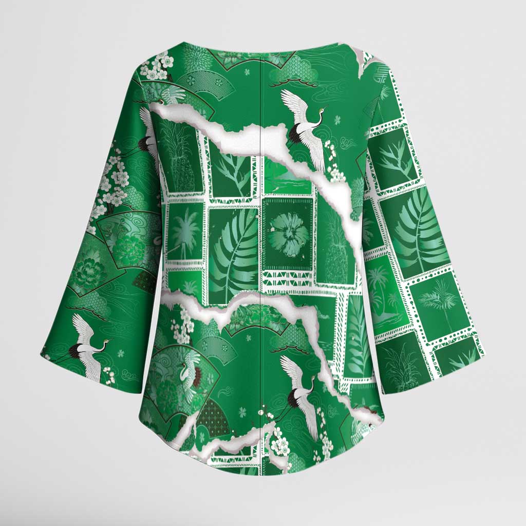 Hawaii Japanese Culture Green Kimono Sleeve Blouse Spring Cranes Aloha Pattern