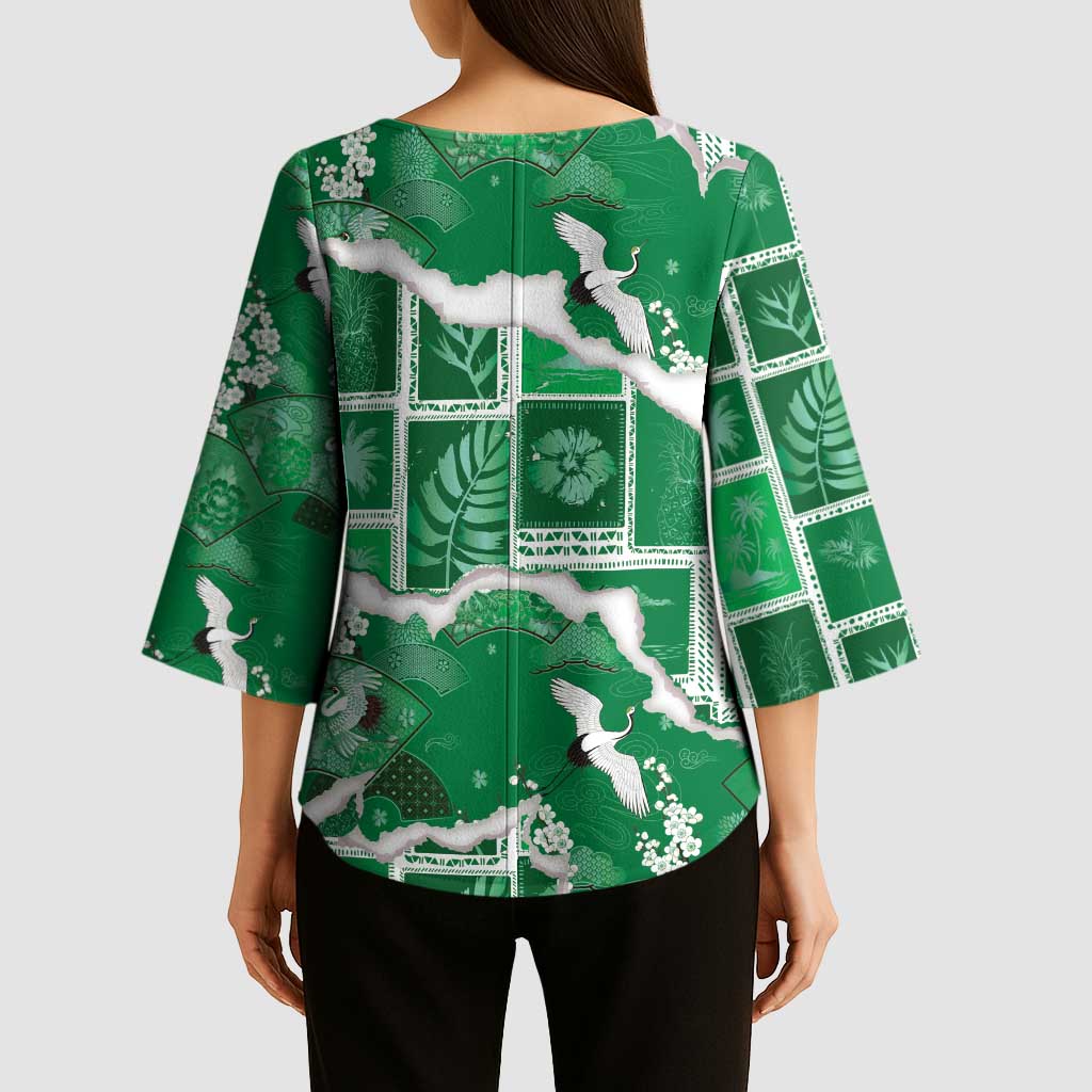 Hawaii Japanese Culture Green Kimono Sleeve Blouse Spring Cranes Aloha Pattern
