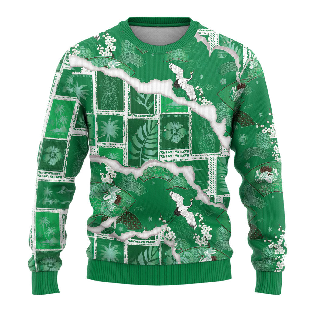 Hawaii Japanese Culture Green Ugly Christmas Sweater Spring Cranes Aloha Pattern LT01 - Polynesian Pride
