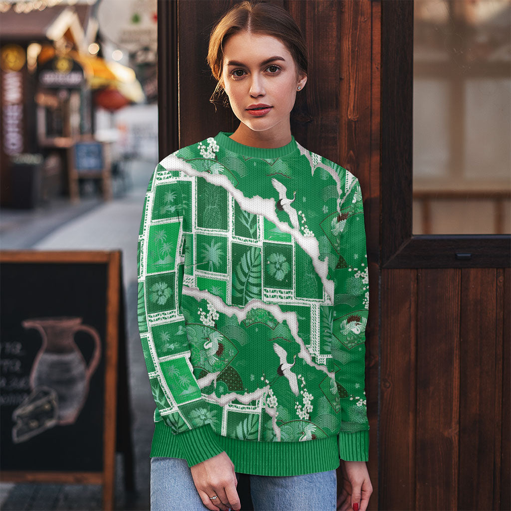 Hawaii Japanese Culture Green Ugly Christmas Sweater Spring Cranes Aloha Pattern LT01 - Polynesian Pride