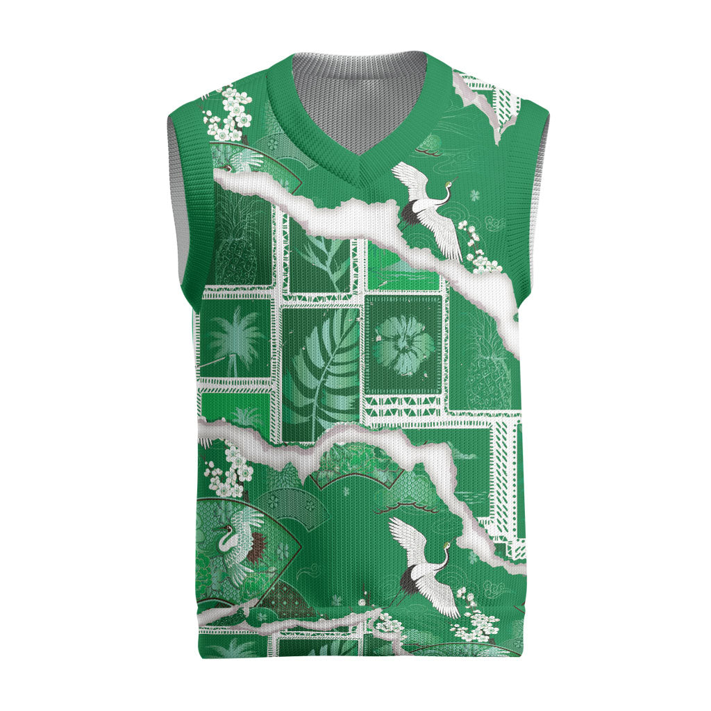 Hawaii Japanese Culture Green Christmas Knitted V-Neck Vest Spring Cranes Aloha Pattern LT01 Green - Polynesian Pride