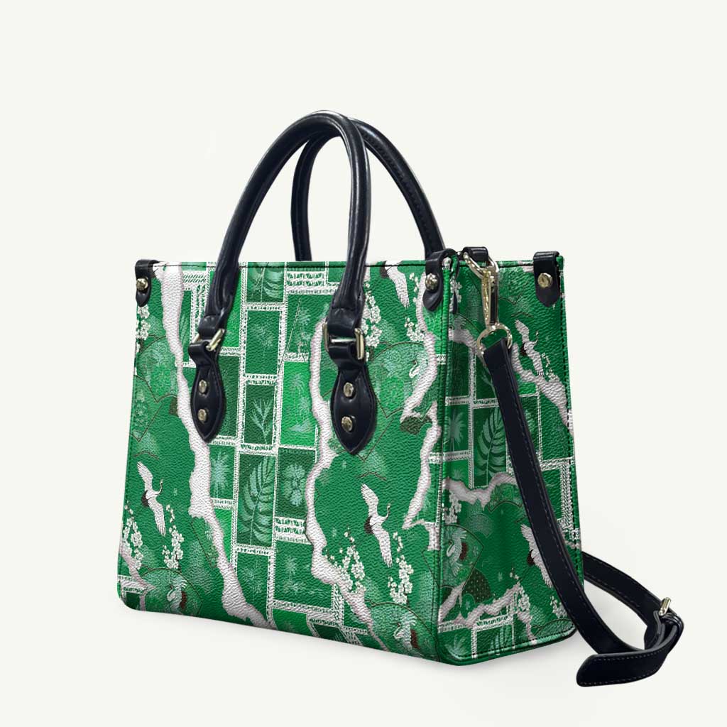 Hawaii Japanese Culture Green Leather Bag Spring Cranes Aloha Pattern