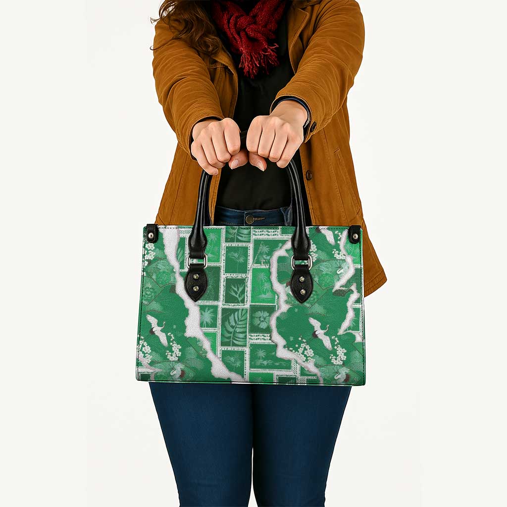 Hawaii Japanese Culture Green Leather Bag Spring Cranes Aloha Pattern