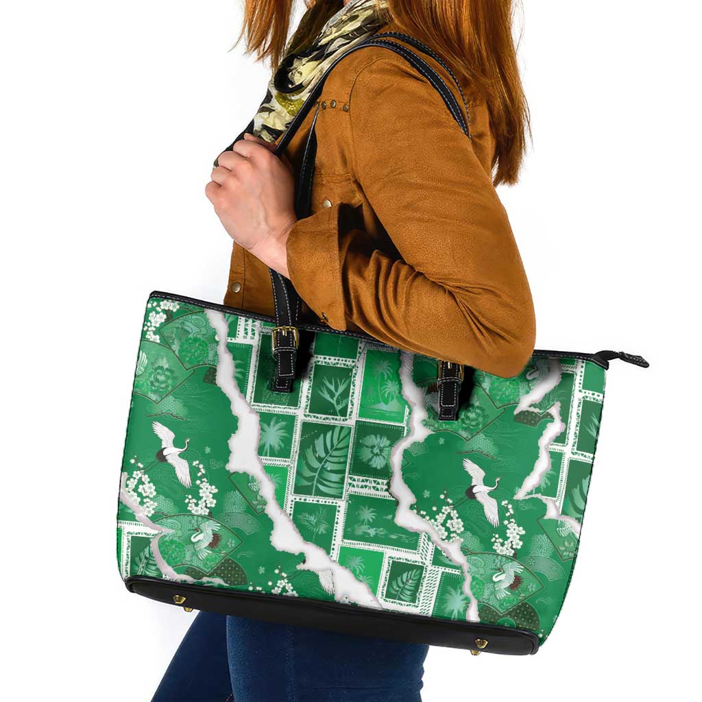 Hawaii Japanese Culture Green Leather Tote Bag Spring Cranes Aloha Pattern