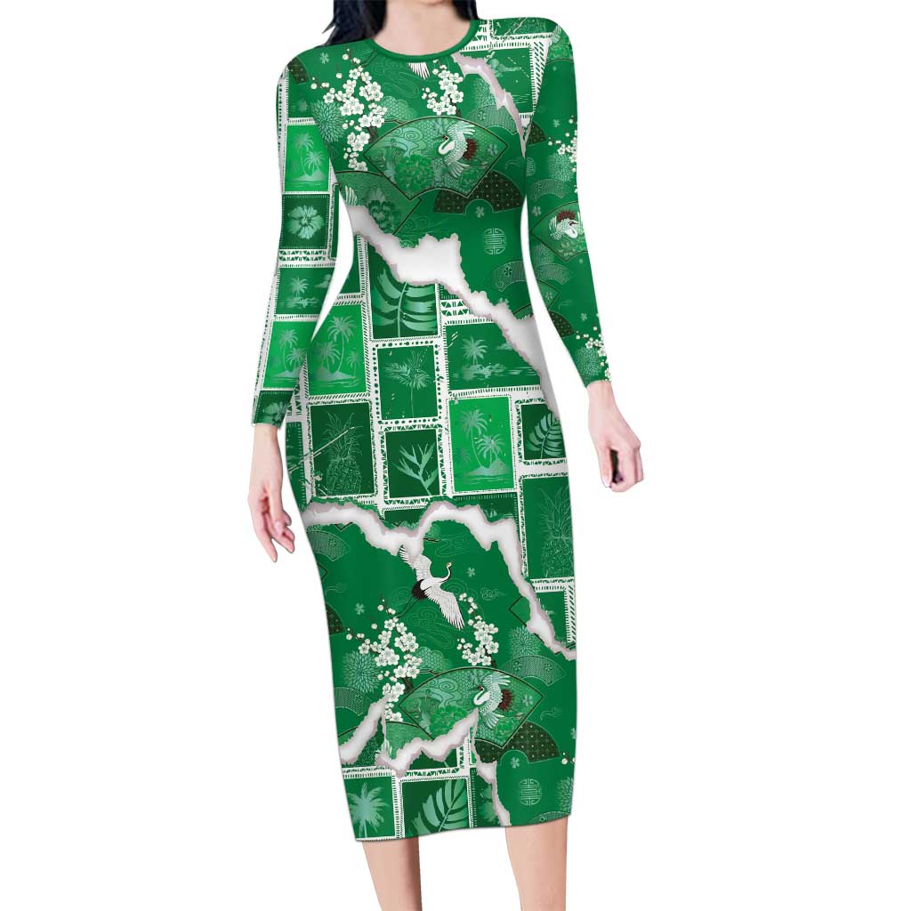 Hawaii Japanese Culture Green Long Sleeve Bodycon Dress Spring Cranes Aloha Pattern