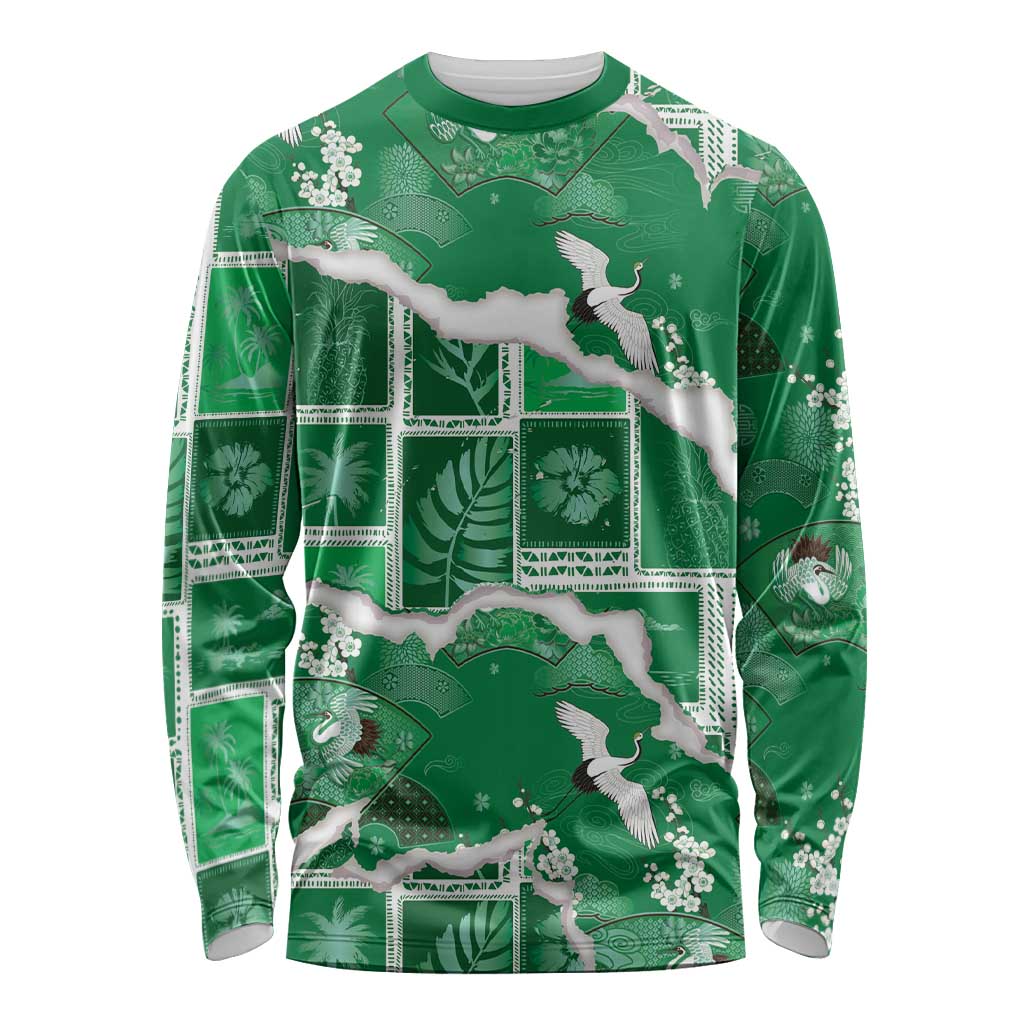 Hawaii Japanese Culture Green Long Sleeve Shirt Spring Cranes Aloha Pattern