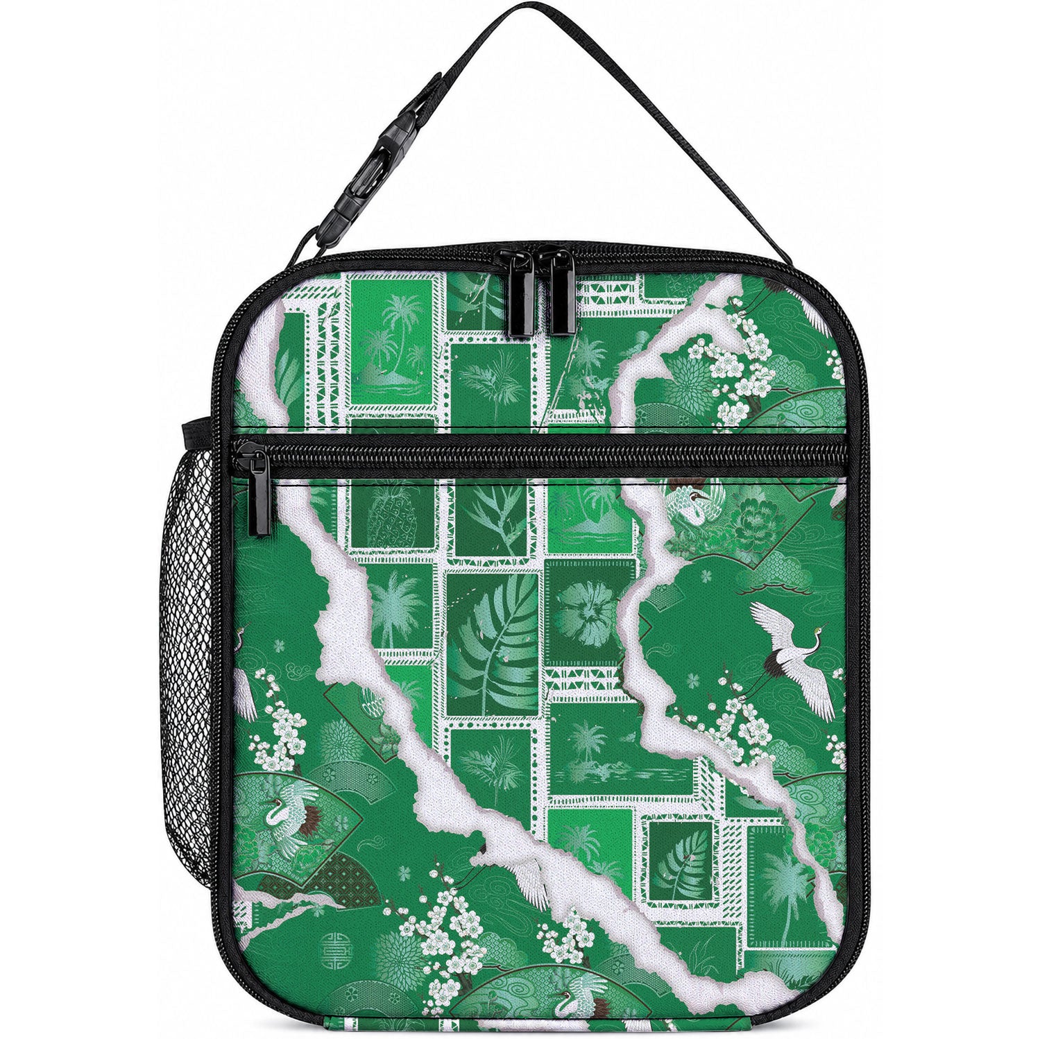 Hawaii Japanese Culture Green Lunch Bag Spring Cranes Aloha Pattern LT01 10.2 × 8.3 × 4.3 inch Green - Polynesian Pride
