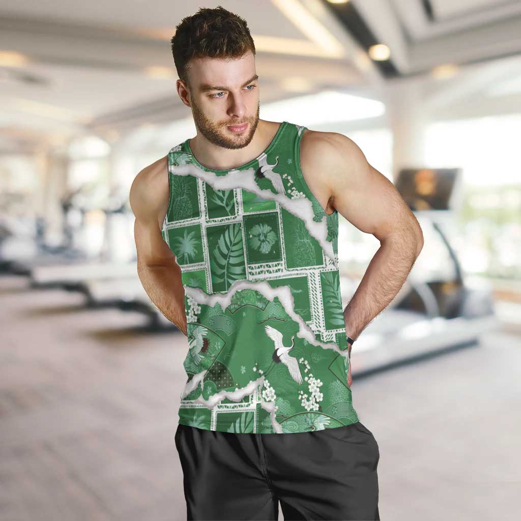 Hawaii Japanese Culture Green Men Tank Top Spring Cranes Aloha Pattern