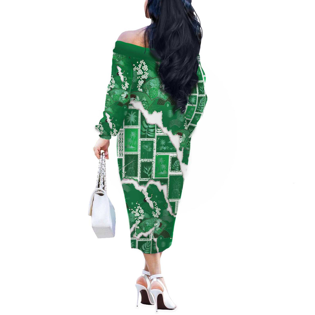 Hawaii Japanese Culture Green Off The Shoulder Long Sleeve Dress Spring Cranes Aloha Pattern