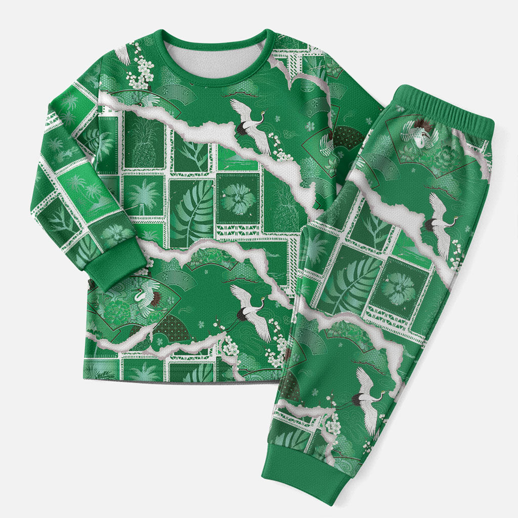 Hawaii Japanese Culture Green Christmas Pajama Set Spring Cranes Aloha Pattern LT01 Men Green - Polynesian Pride
