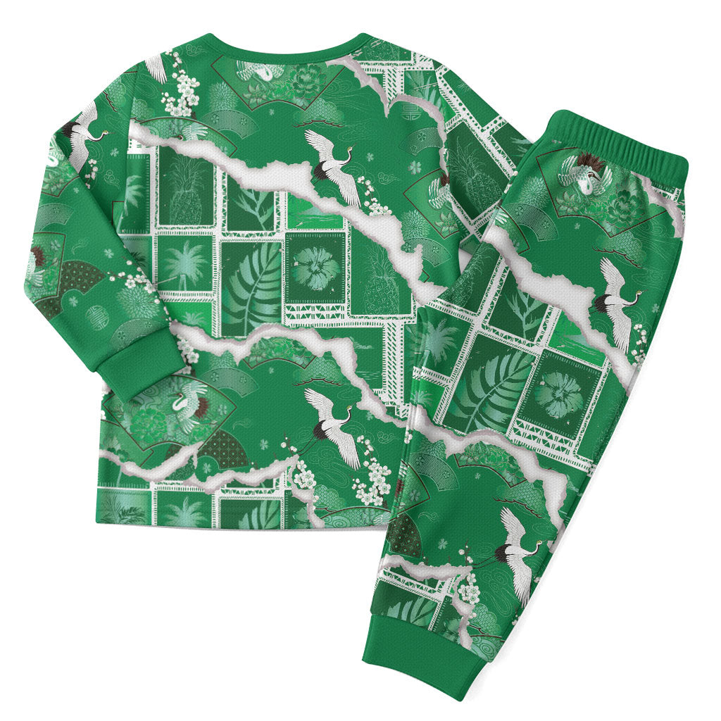 Hawaii Japanese Culture Green Christmas Pajama Set Spring Cranes Aloha Pattern LT01 - Polynesian Pride