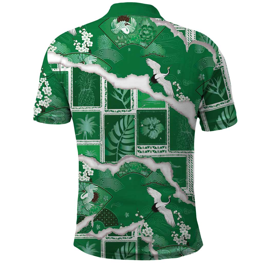 Hawaii Japanese Culture Green Polo Shirt Spring Cranes Aloha Pattern