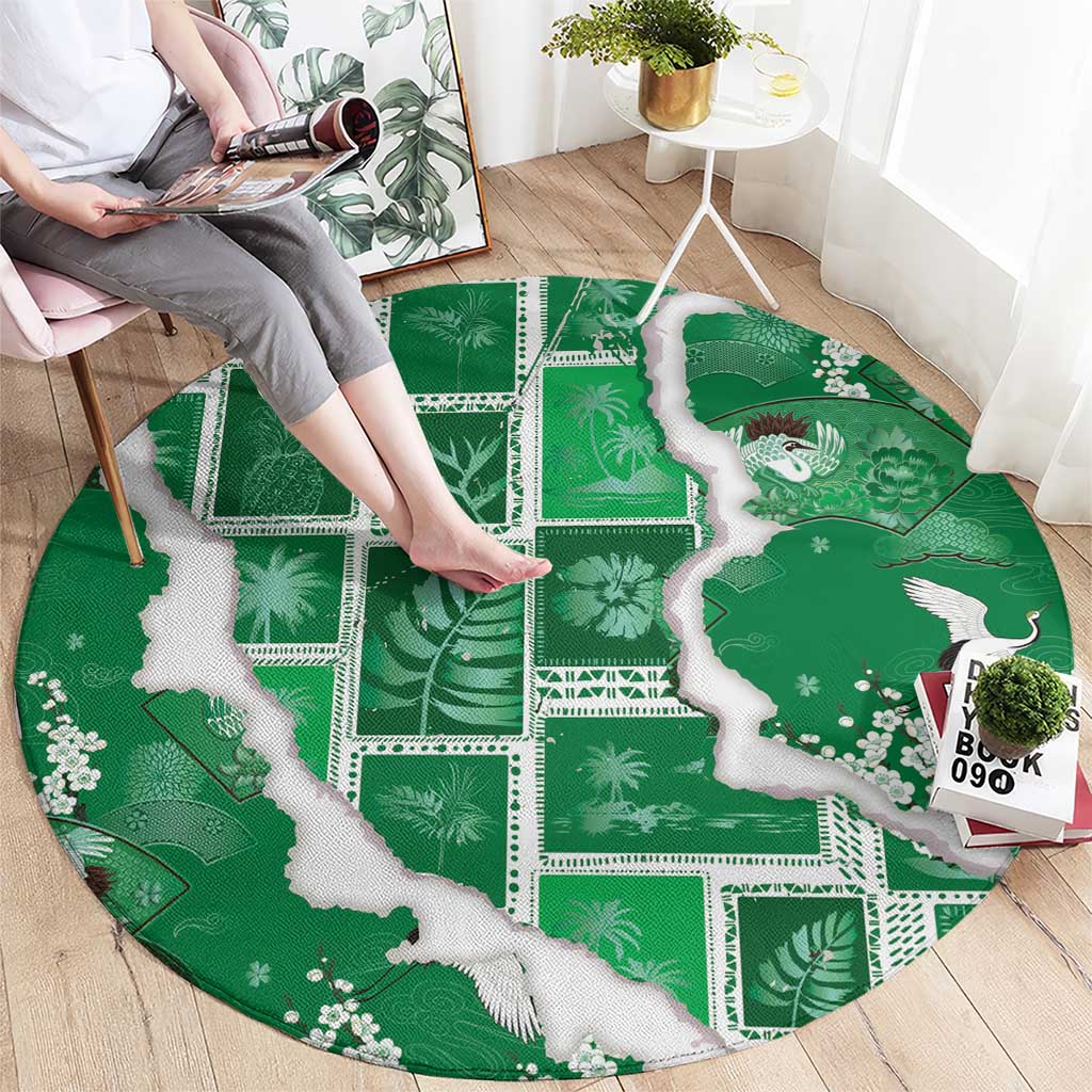 Hawaii Japanese Culture Green Round Carpet Spring Cranes Aloha Pattern