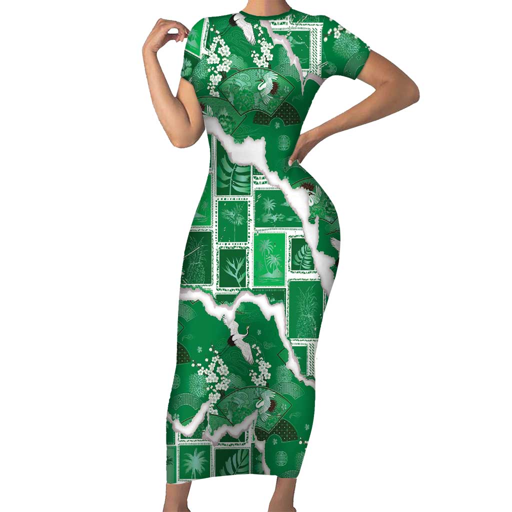 Hawaii Japanese Culture Green Short Sleeve Bodycon Dress Spring Cranes Aloha Pattern