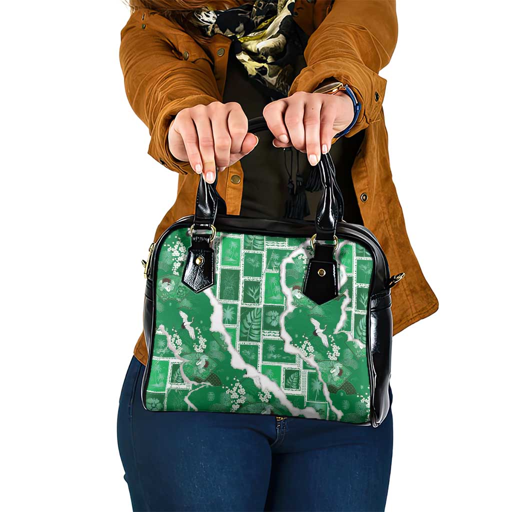 Hawaii Japanese Culture Green Shoulder Handbag Spring Cranes Aloha Pattern