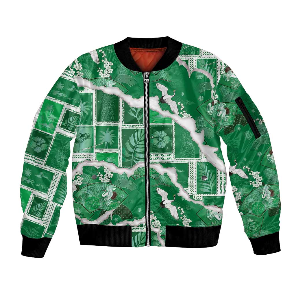 Hawaii Japanese Culture Green Sleeve Zip Bomber Jacket Spring Cranes Aloha Pattern