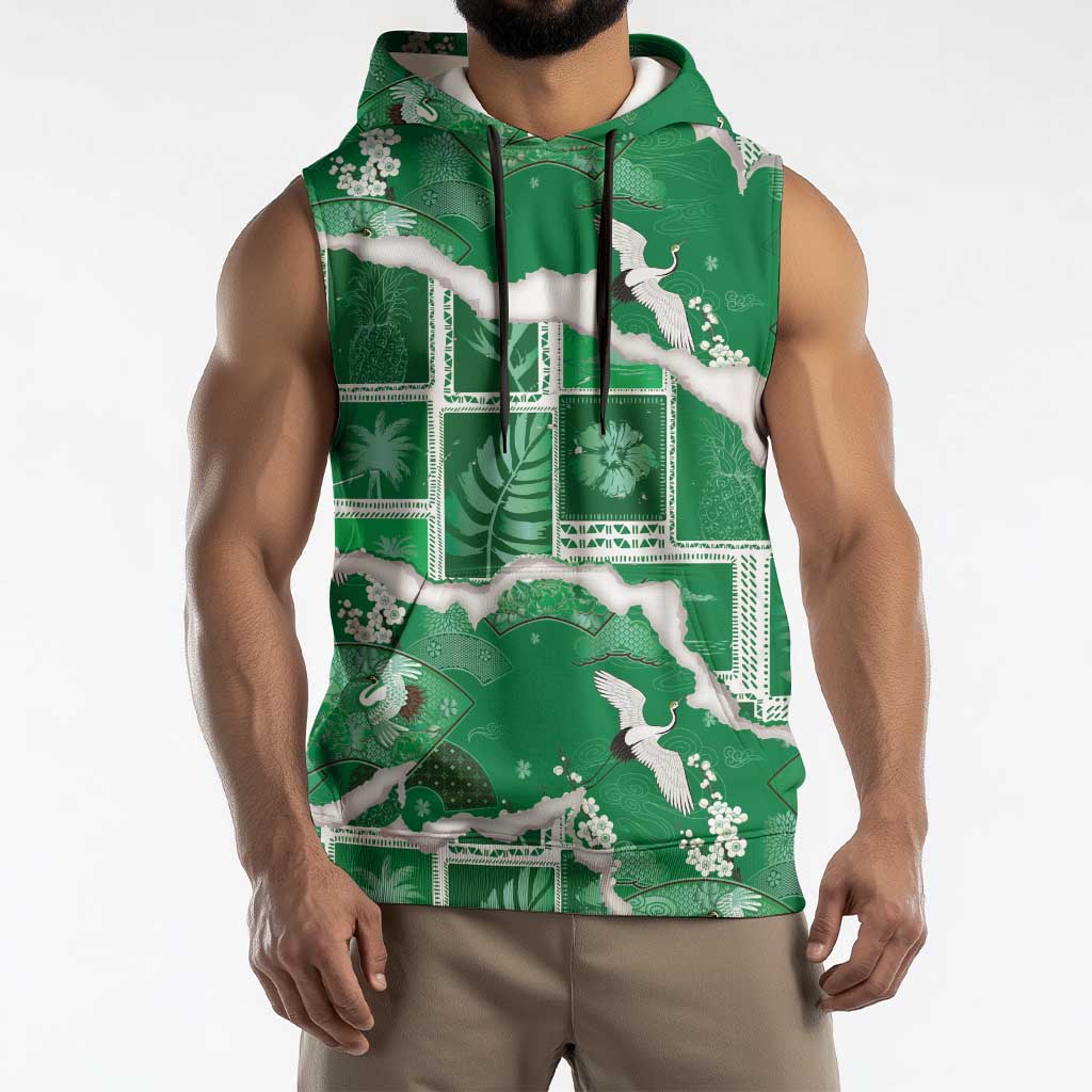Hawaii Japanese Culture Green Sleeveless Hoodie Spring Cranes Aloha Pattern