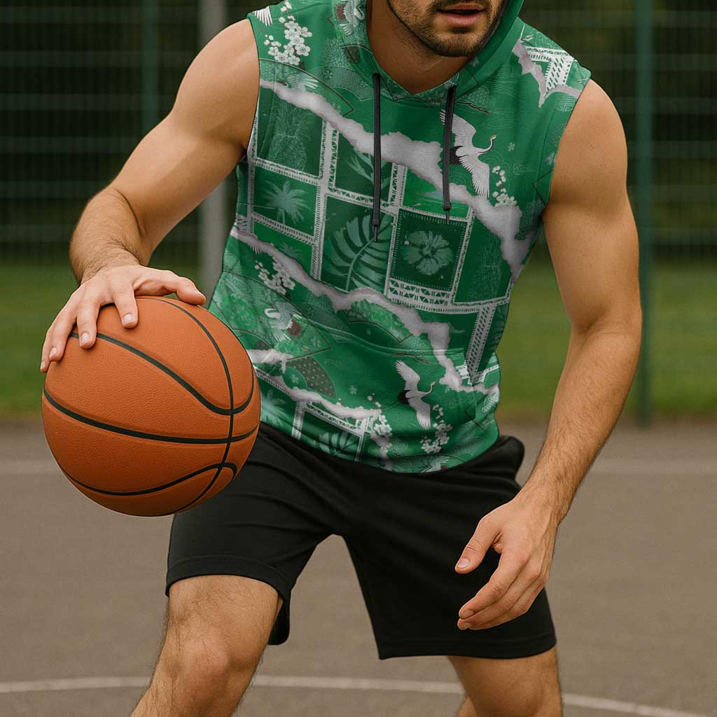 Hawaii Japanese Culture Green Sleeveless Hoodie Spring Cranes Aloha Pattern