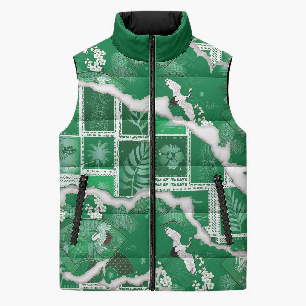 Hawaii Japanese Culture Green Sleeveless Puffer Jacket Spring Cranes Aloha Pattern