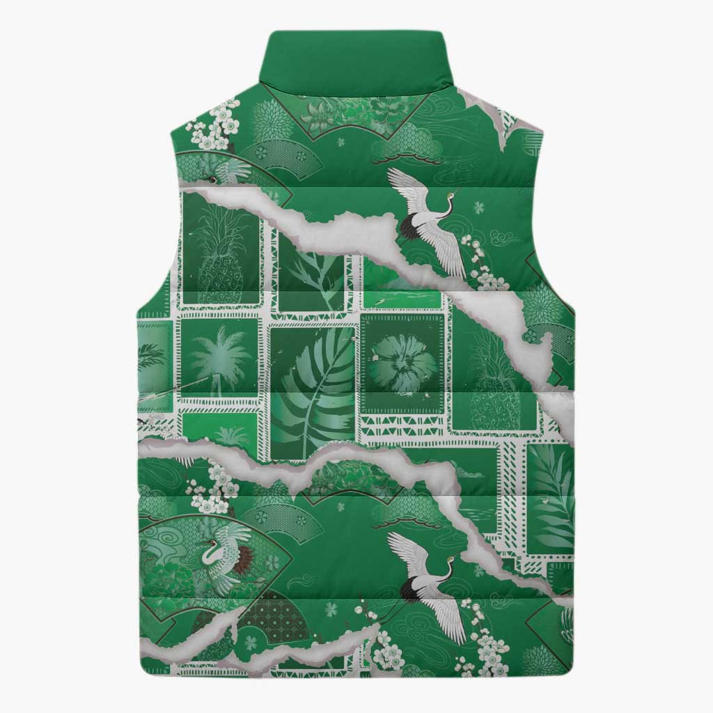 Hawaii Japanese Culture Green Sleeveless Puffer Jacket Spring Cranes Aloha Pattern