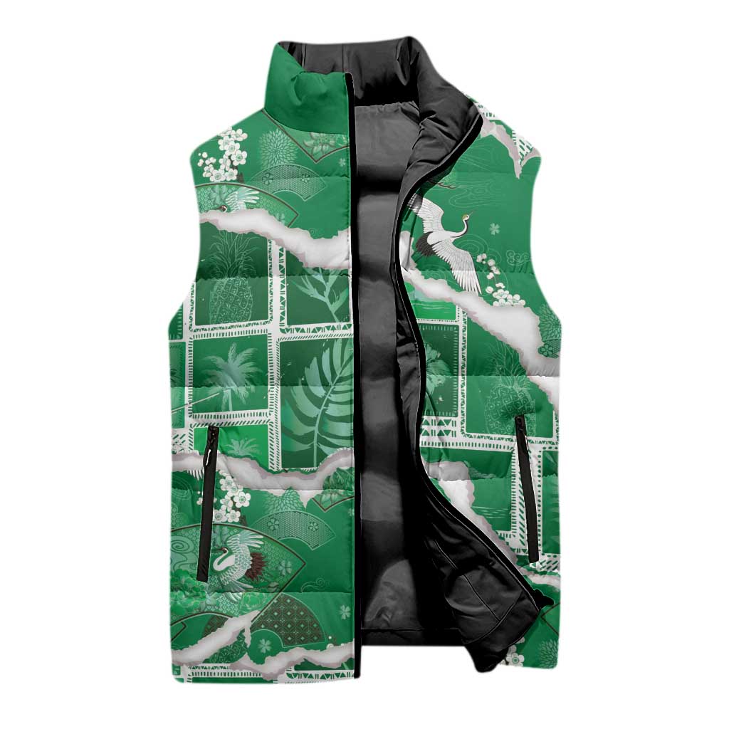 Hawaii Japanese Culture Green Sleeveless Puffer Jacket Spring Cranes Aloha Pattern