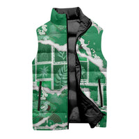 Hawaii Japanese Culture Green Sleeveless Puffer Jacket Spring Cranes Aloha Pattern
