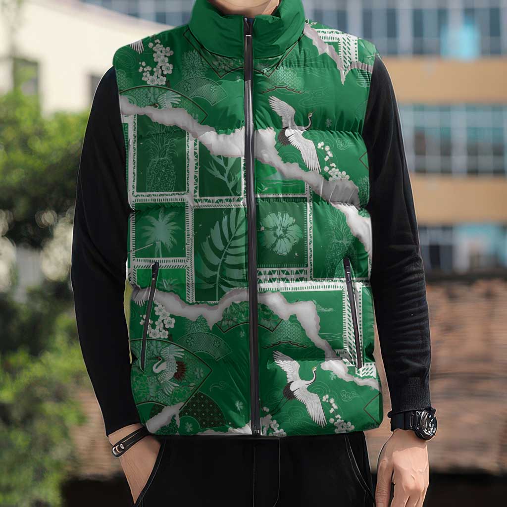 Hawaii Japanese Culture Green Sleeveless Puffer Jacket Spring Cranes Aloha Pattern