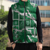 Hawaii Japanese Culture Green Sleeveless Puffer Jacket Spring Cranes Aloha Pattern