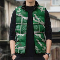 Hawaii Japanese Culture Green Sleeveless Puffer Jacket Spring Cranes Aloha Pattern