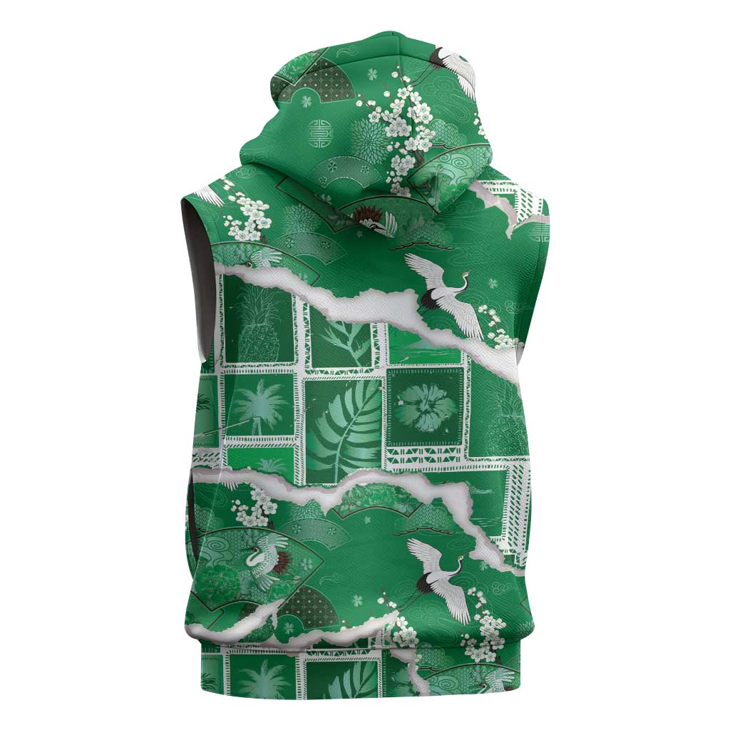 Hawaii Japanese Culture Green Sleeveless Zip Hoodie Spring Cranes Aloha Pattern