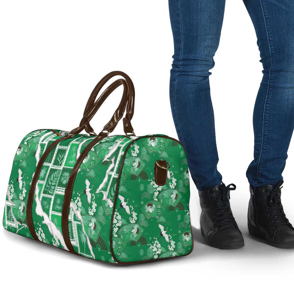 Hawaii Japanese Culture Green Travel Bag Spring Cranes Aloha Pattern