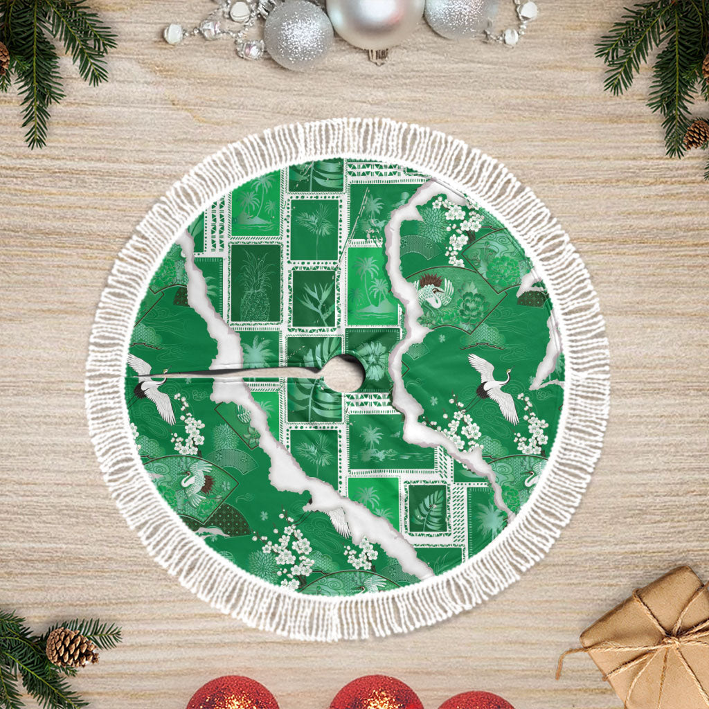 Hawaii Japanese Culture Green Tree Skirt Spring Cranes Aloha Pattern LT01 Fringed Green - Polynesian Pride