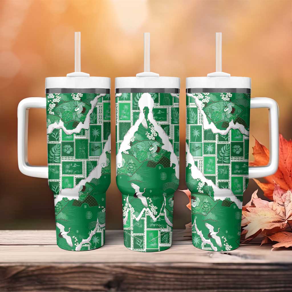 Hawaii Japanese Culture Green Tumbler With Handle Spring Cranes Aloha Pattern
