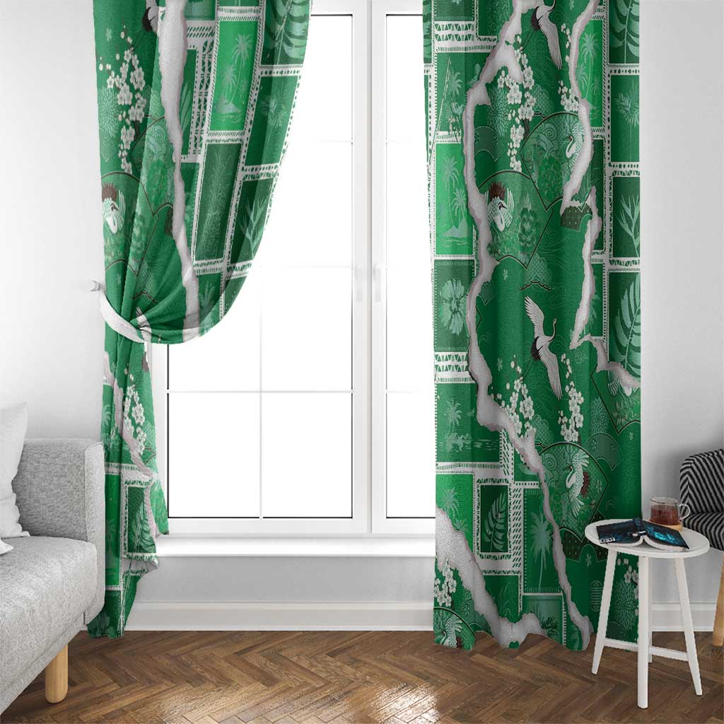 Hawaii Japanese Culture Green Window Curtain Spring Cranes Aloha Pattern