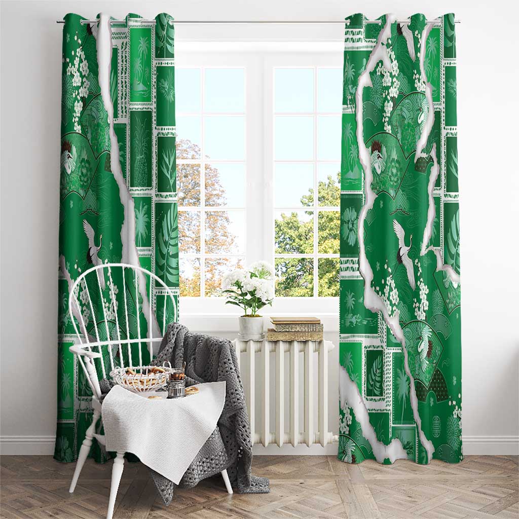 Hawaii Japanese Culture Green Window Curtain Spring Cranes Aloha Pattern