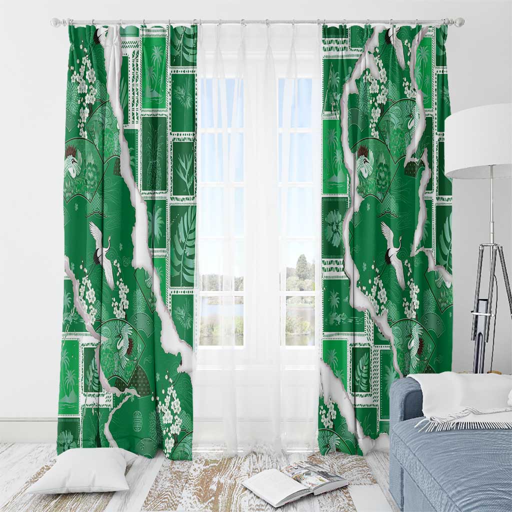 Hawaii Japanese Culture Green Window Curtain Spring Cranes Aloha Pattern